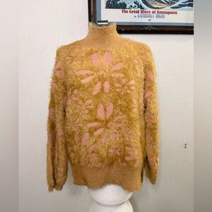Cozy Floral Turtleneck Sweater - Mustard and Pink